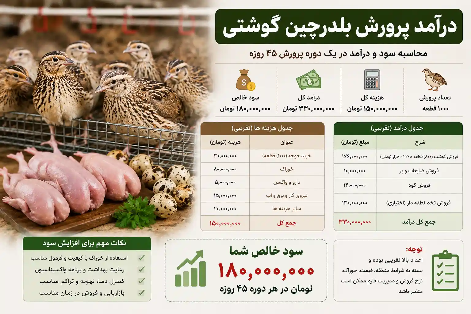 درآمد پرورش بلدرچین گوشتی